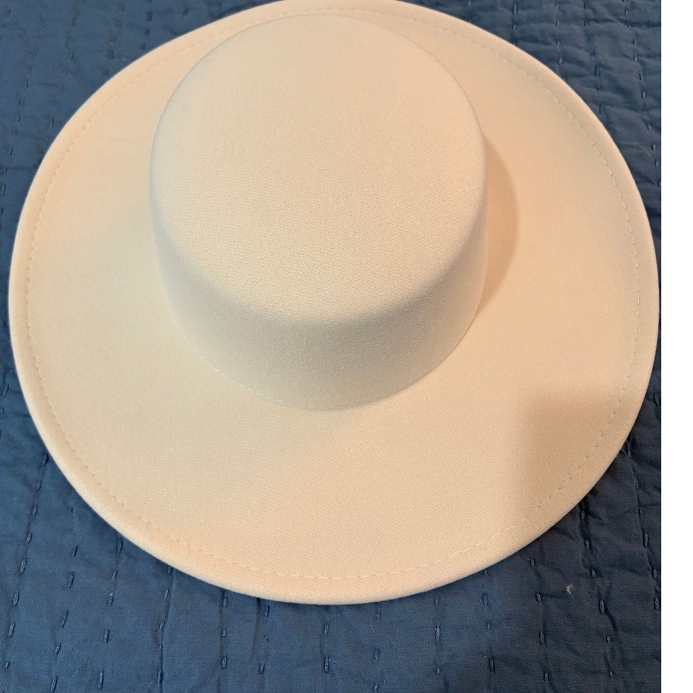 Cream Ivory Wide Brim Boater Hat Flat Top Adjustable Cotton Felt Style Boho